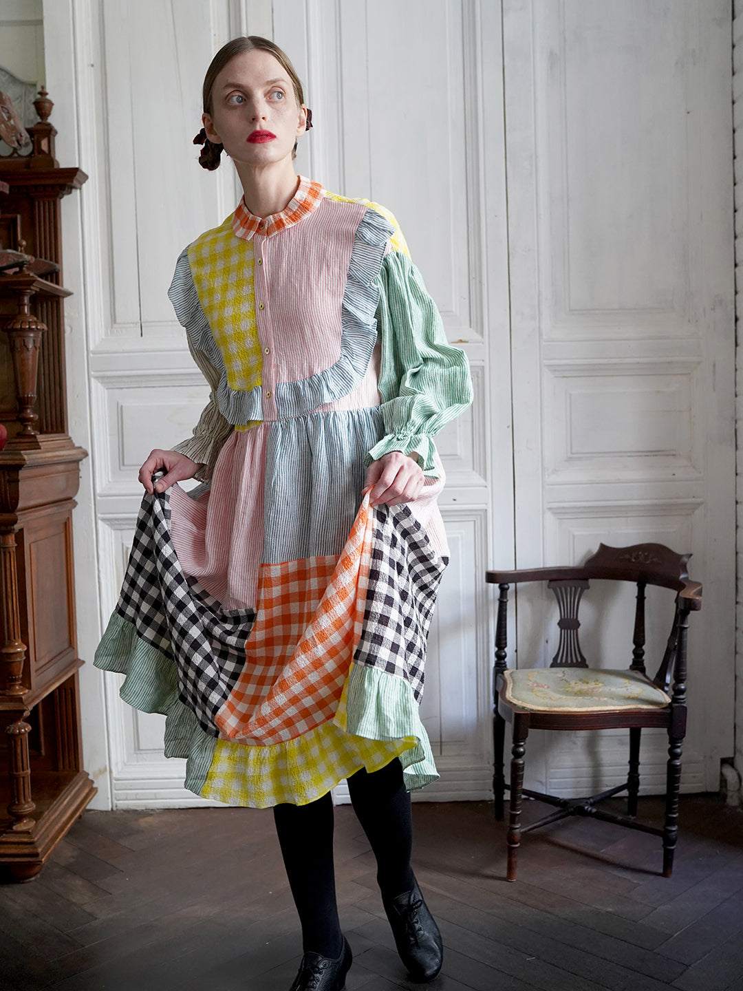 Unlogical Poem Colorful Vertical Striped and Gingham Patchwork Cotton Dress