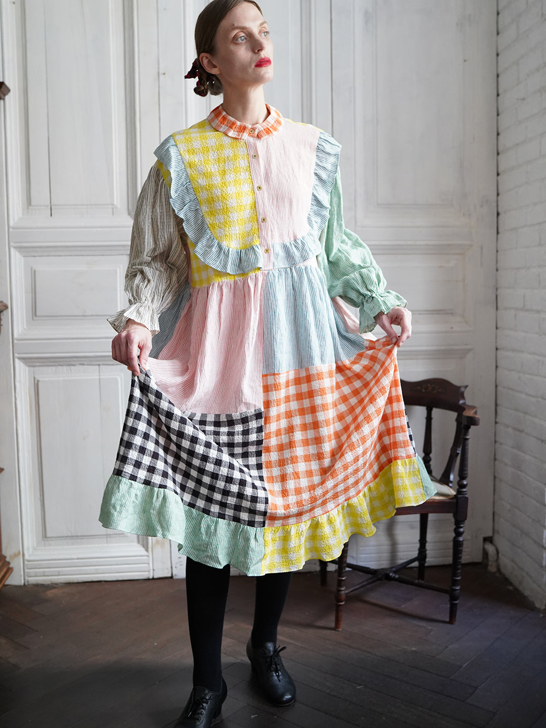 Unlogical Poem Colorful Vertical Striped and Gingham Patchwork Cotton Dress
