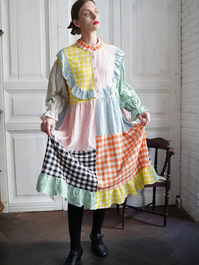 Unlogical Poem Colorful Vertical Striped and Gingham Patchwork Cotton Dress