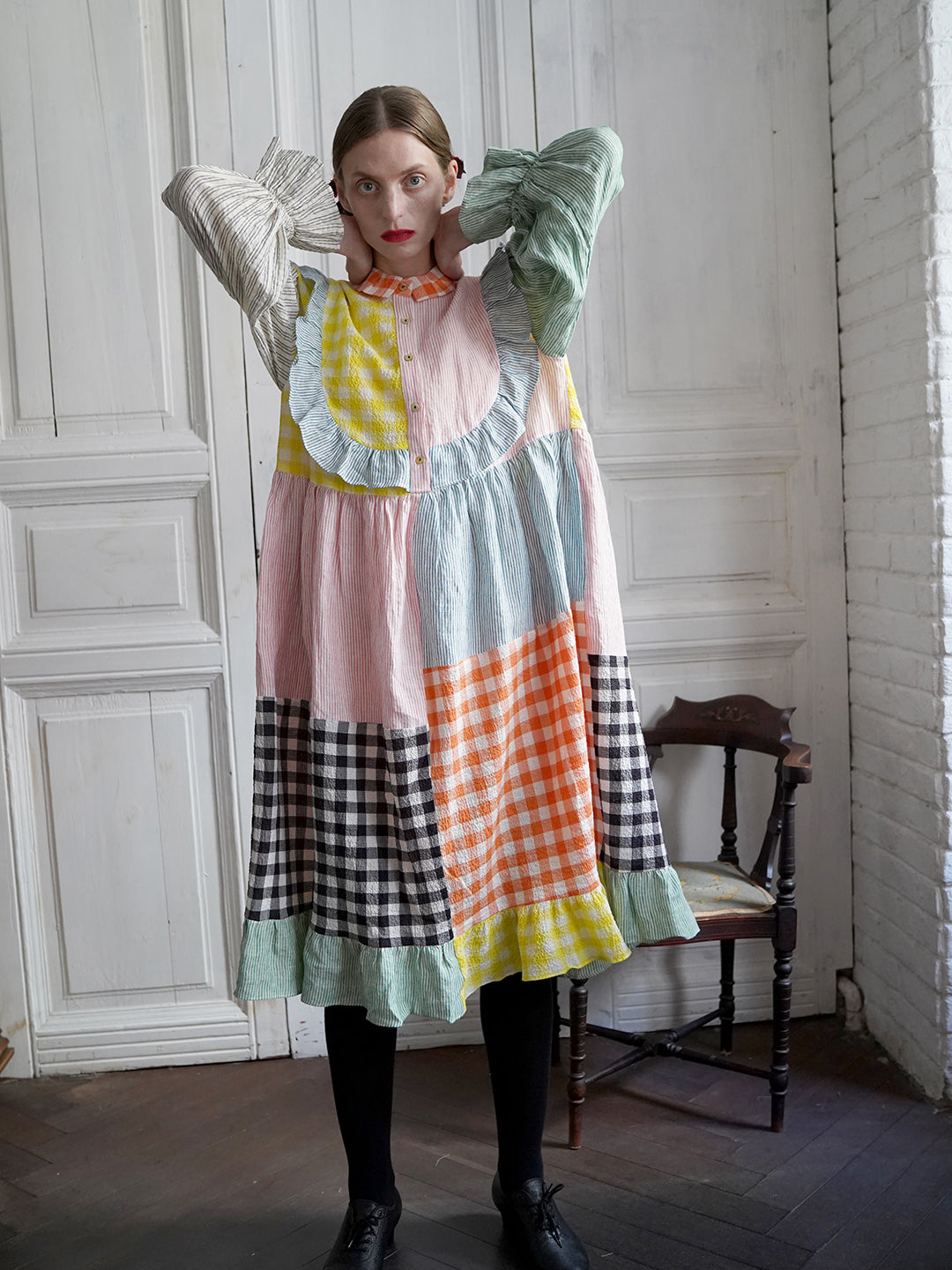 Unlogical Poem Colorful Vertical Striped and Gingham Patchwork Cotton Dress