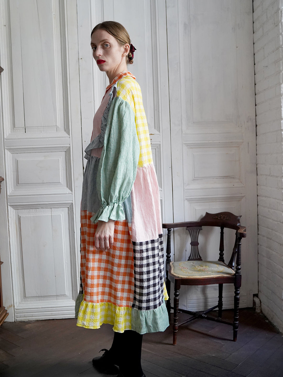 Unlogical Poem Colorful Vertical Striped and Gingham Patchwork Cotton Dress