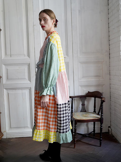 Unlogical Poem Colorful Vertical Striped and Gingham Patchwork Cotton Dress