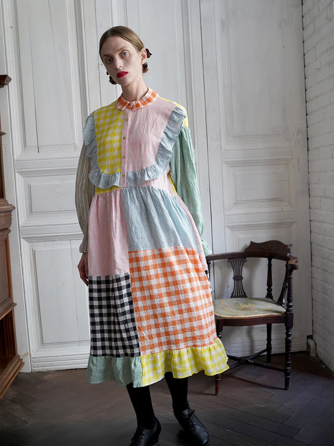Unlogical Poem Colorful Vertical Striped and Gingham Patchwork Cotton Dress