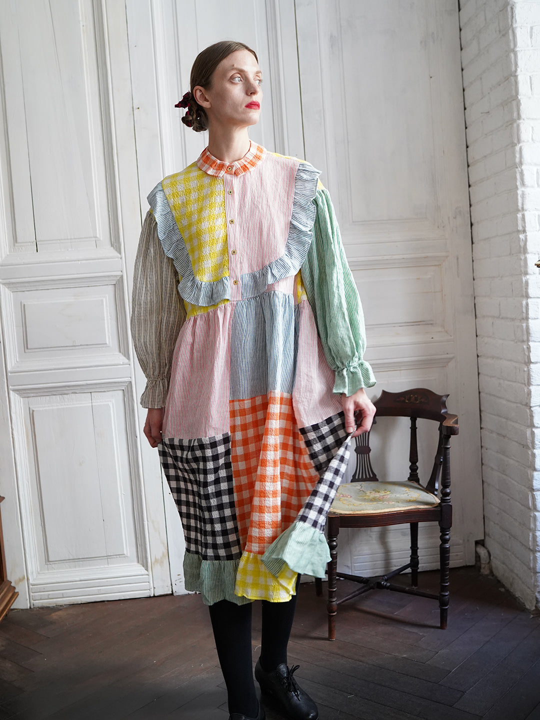 Unlogical Poem Colorful Vertical Striped and Gingham Patchwork Cotton Dress