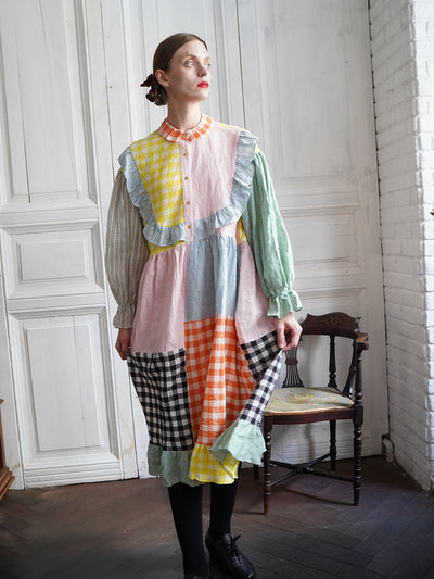 Unlogical Poem Colorful Vertical Striped and Gingham Patchwork Cotton Dress