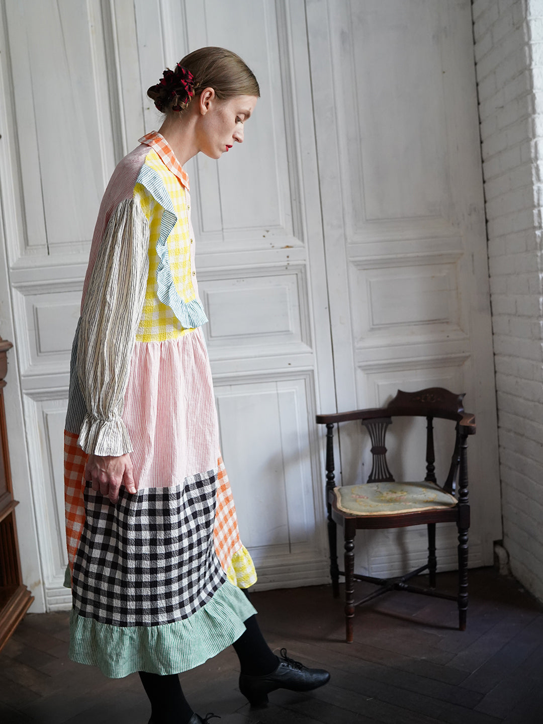 Unlogical Poem Colorful Vertical Striped and Gingham Patchwork Cotton Dress