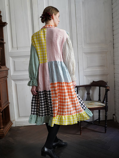 Unlogical Poem Colorful Vertical Striped and Gingham Patchwork Cotton Dress