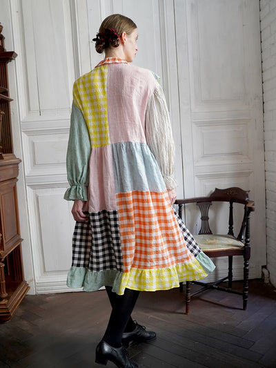 Unlogical Poem Colorful Vertical Striped and Gingham Patchwork Cotton Dress
