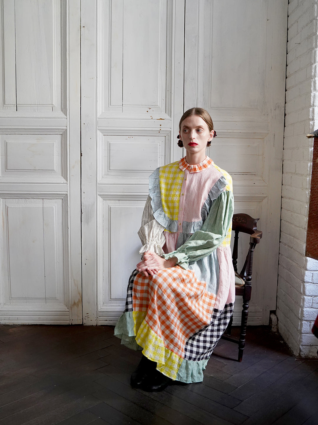 Unlogical Poem Colorful Vertical Striped and Gingham Patchwork Cotton Dress