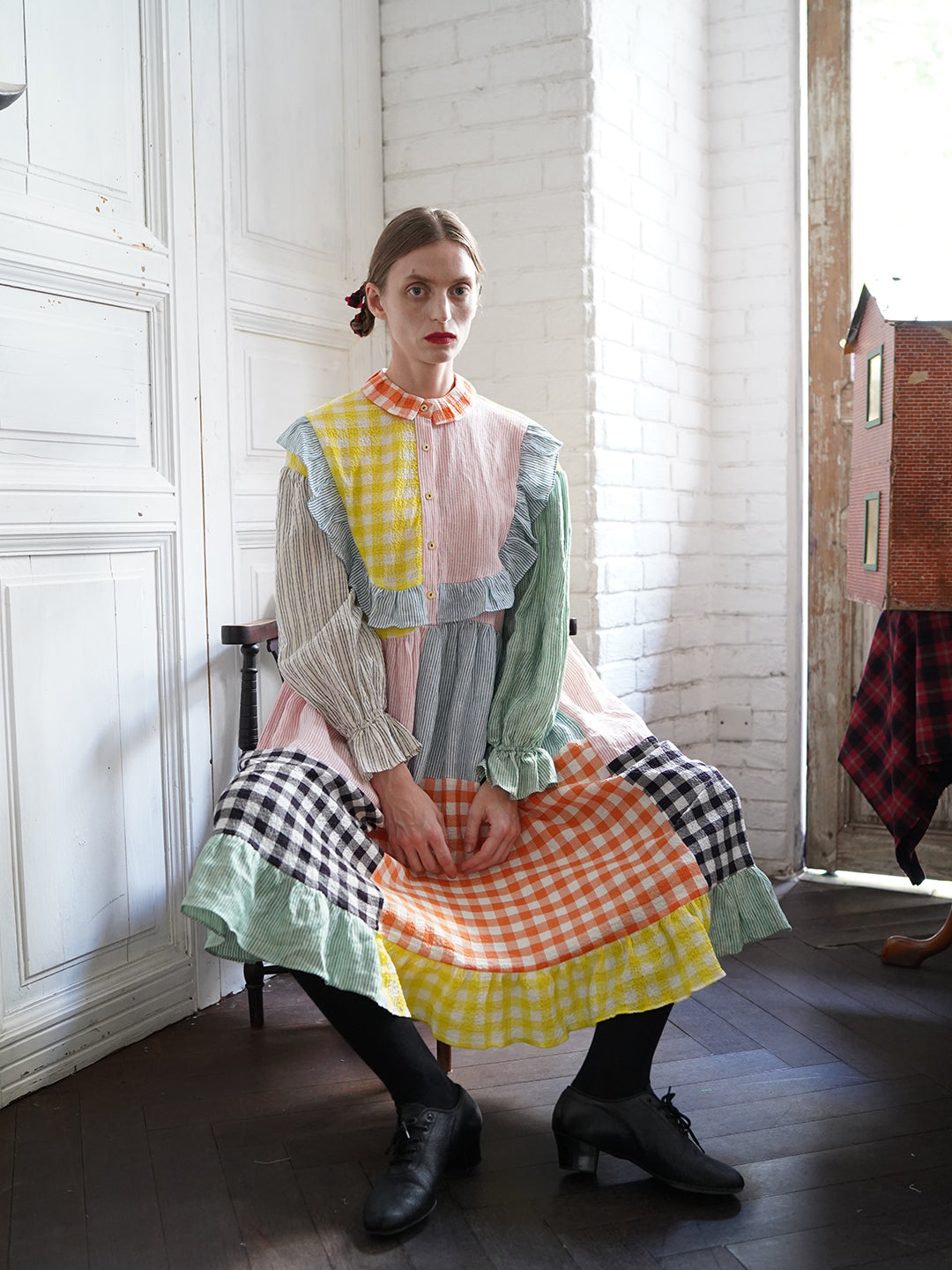 Unlogical Poem Colorful Vertical Striped and Gingham Patchwork Cotton Dress