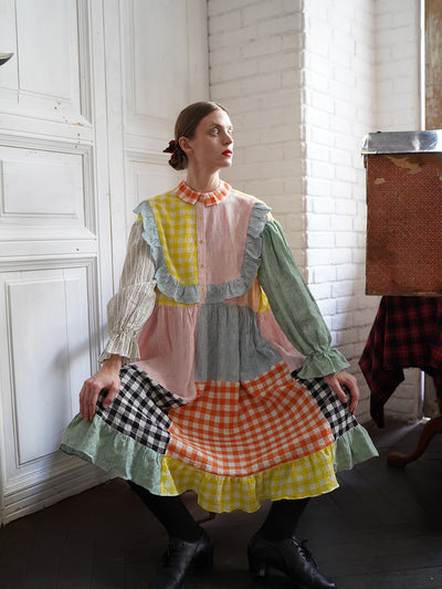 Unlogical Poem Colorful Vertical Striped and Gingham Patchwork Cotton Dress