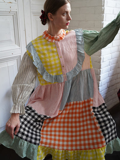 Unlogical Poem Colorful Vertical Striped and Gingham Patchwork Cotton Dress