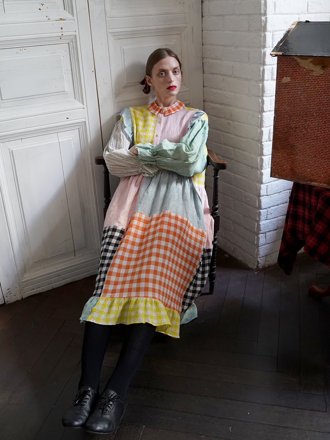 Unlogical Poem Colorful Vertical Striped and Gingham Patchwork Cotton Dress