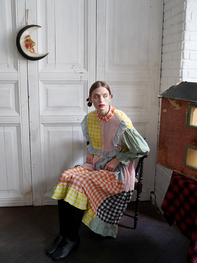 Unlogical Poem Colorful Vertical Striped and Gingham Patchwork Cotton Dress