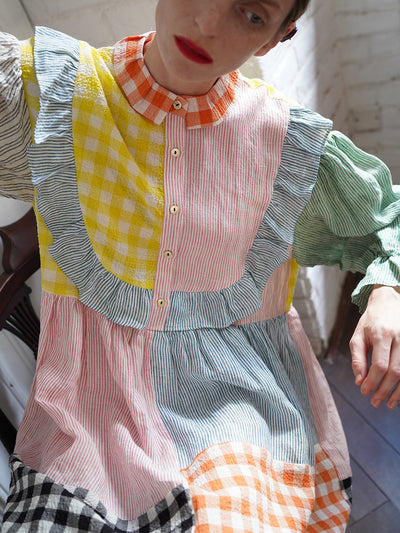 Unlogical Poem Colorful Vertical Striped and Gingham Patchwork Cotton Dress