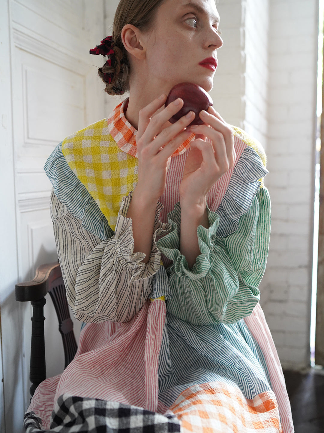 Unlogical Poem Colorful Vertical Striped and Gingham Patchwork Cotton Dress