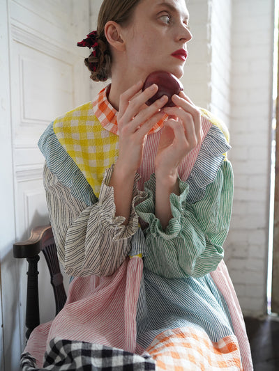 Unlogical Poem Colorful Vertical Striped and Gingham Patchwork Cotton Dress