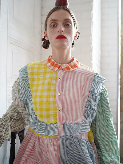 Unlogical Poem Colorful Vertical Striped and Gingham Patchwork Cotton Dress