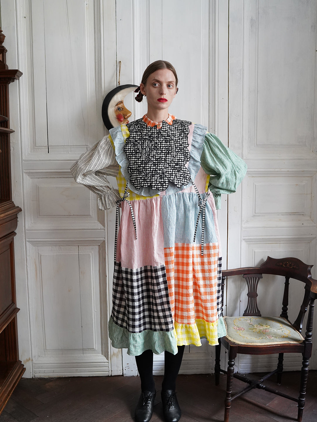 Unlogical Poem Cat Embroidery Reversible Black Gingham Smock