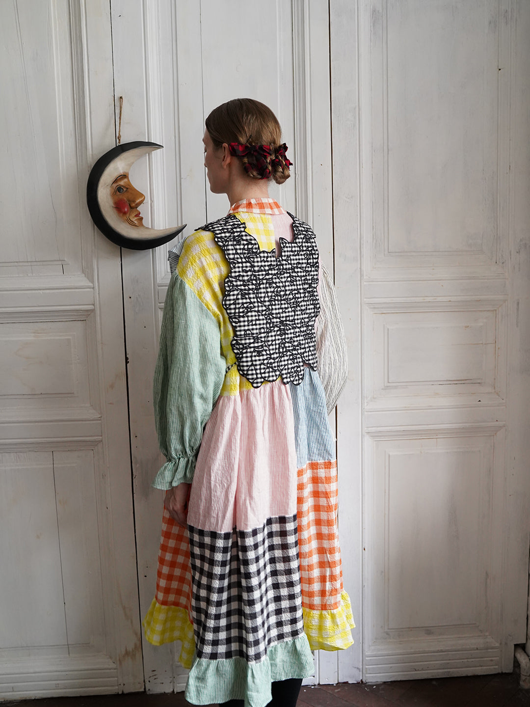Unlogical Poem Cat Embroidery Reversible Black Gingham Smock