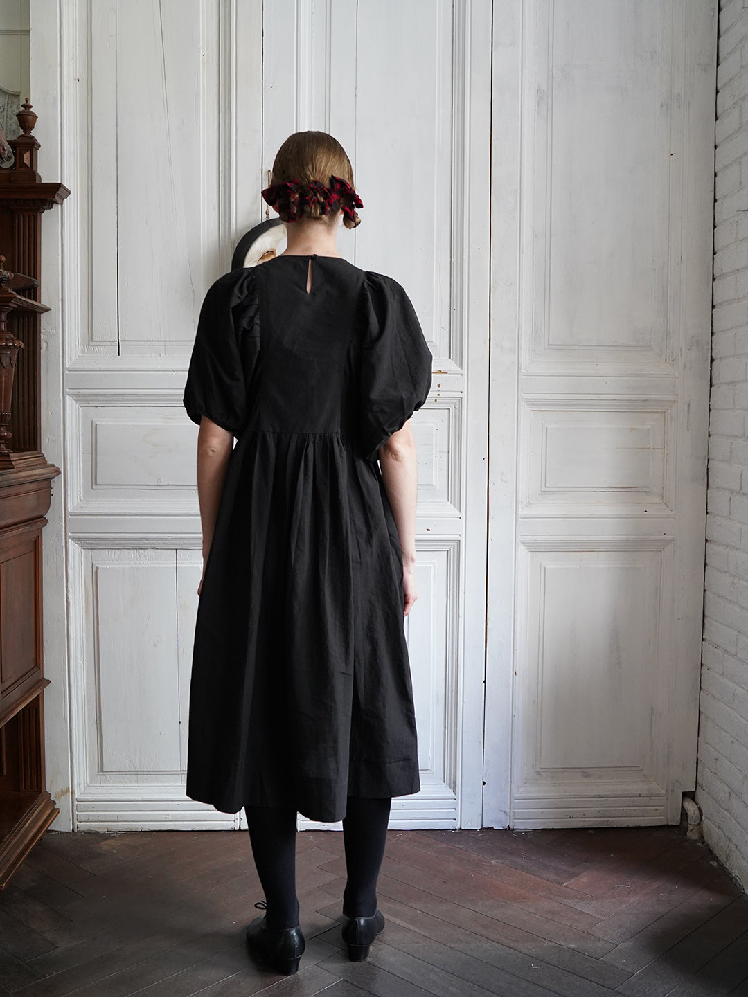 Unlogical Poem Cat and Piano Embroidered Black Hemp Dress