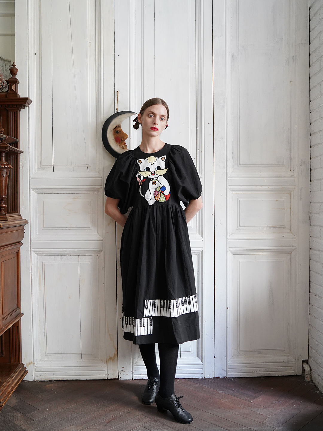 Unlogical Poem Cat and Piano Embroidered Black Hemp Dress