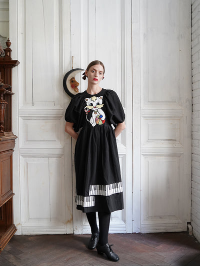 Unlogical Poem Cat and Piano Embroidered Black Hemp Dress