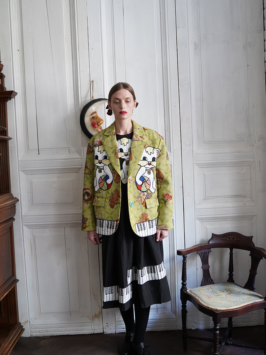 Unlogical Poem Cat Embroidered Illustration Printed Yarn-dyed Blazer