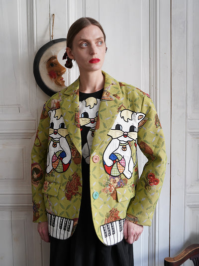Unlogical Poem Cat Embroidered Illustration Printed Yarn-dyed Blazer
