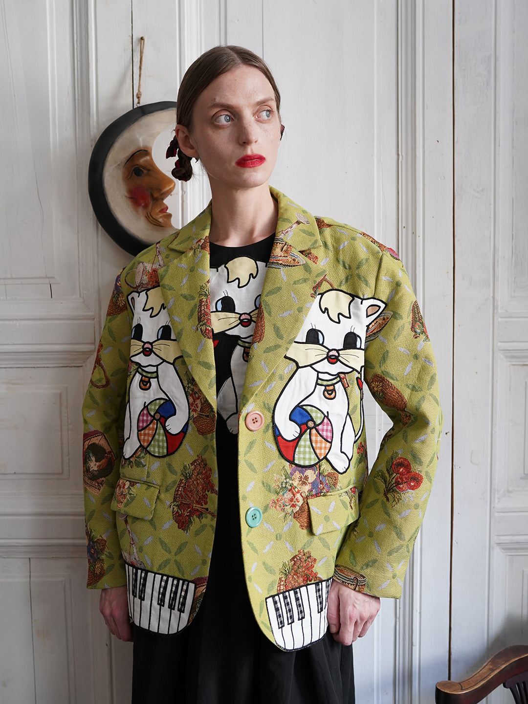 Unlogical Poem Cat Embroidered Illustration Printed Yarn-dyed Blazer