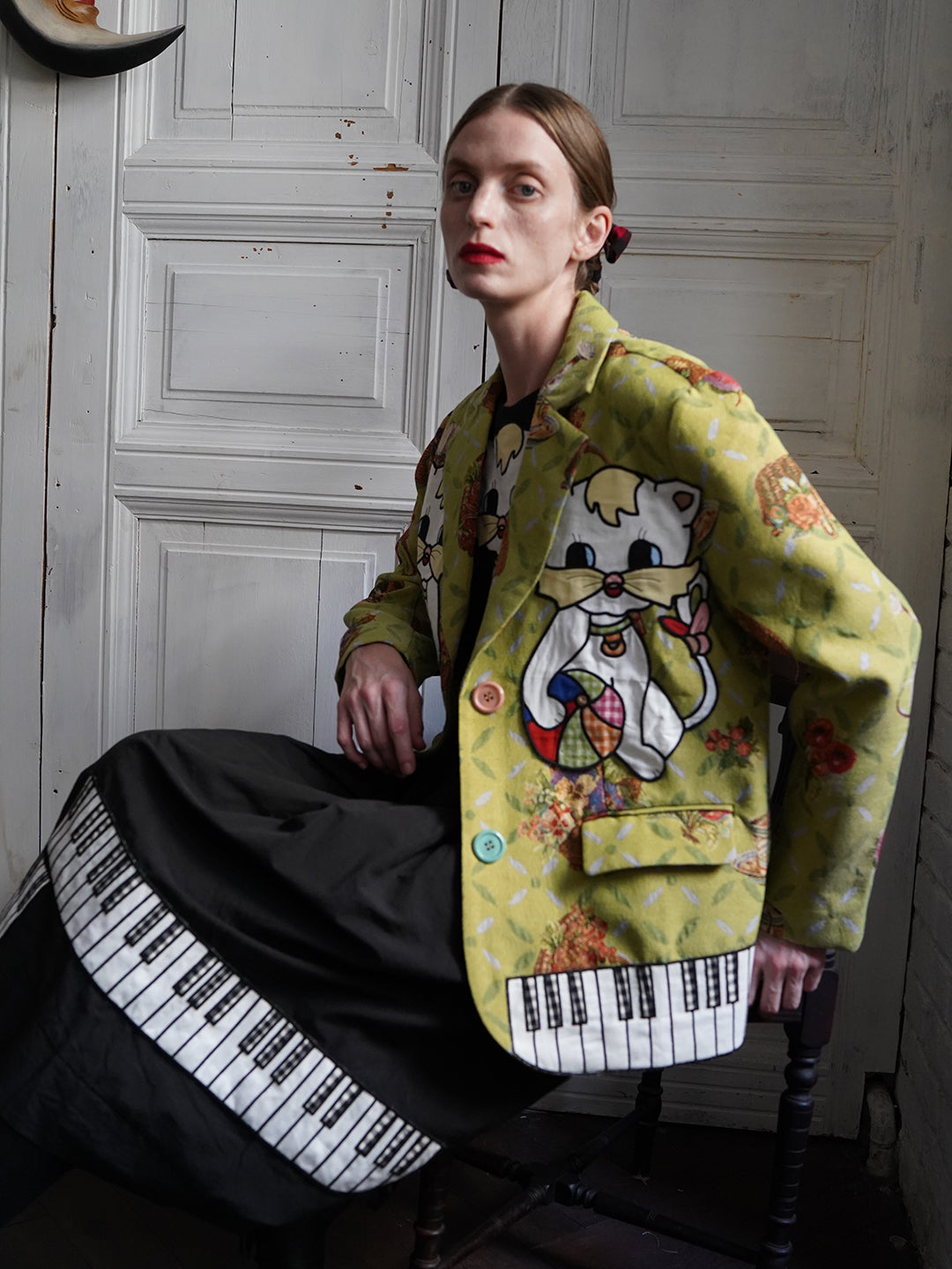 Unlogical Poem Cat Embroidered Illustration Printed Yarn-dyed Blazer