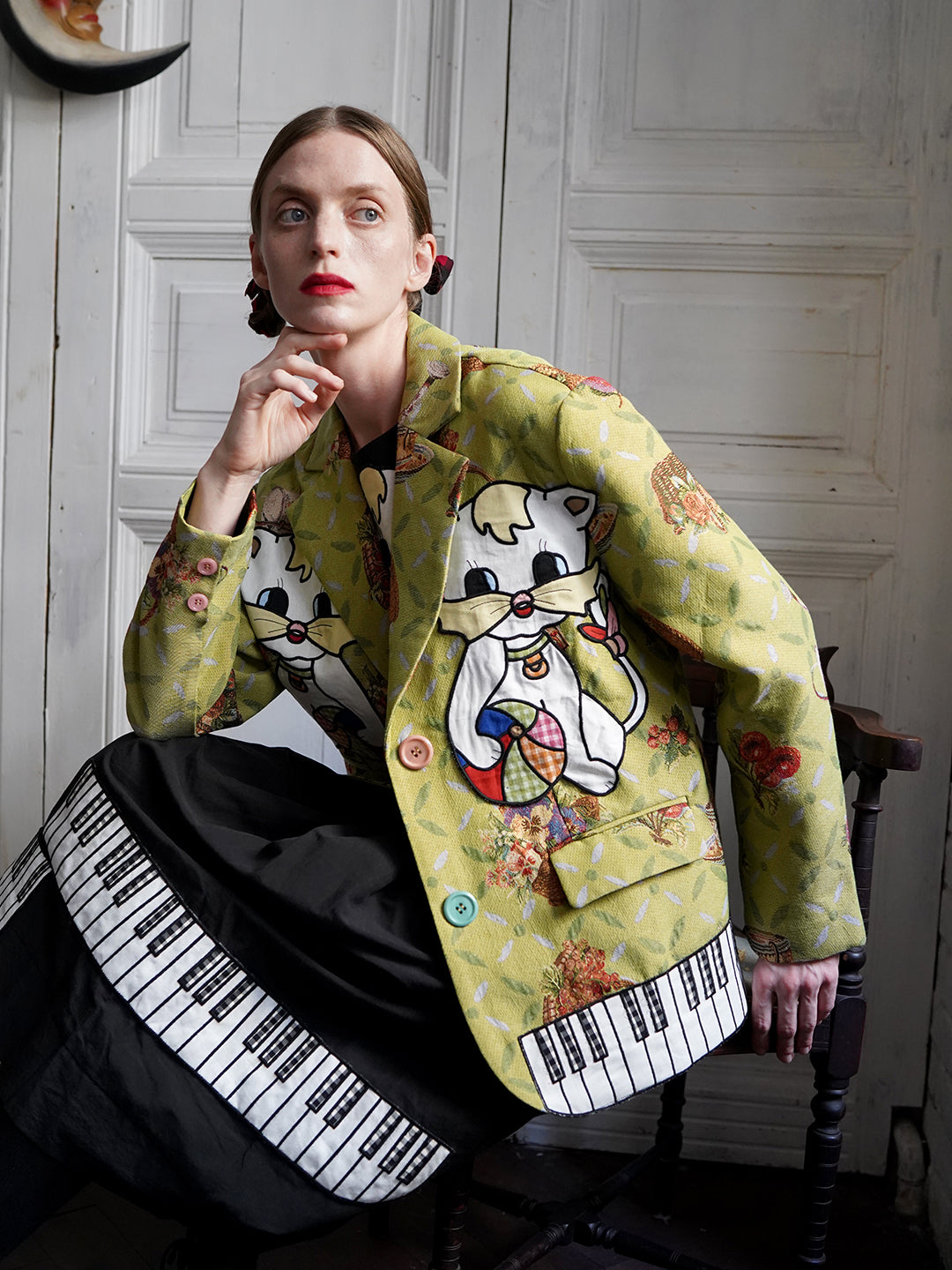 Unlogical Poem Cat Embroidered Illustration Printed Yarn-dyed Blazer