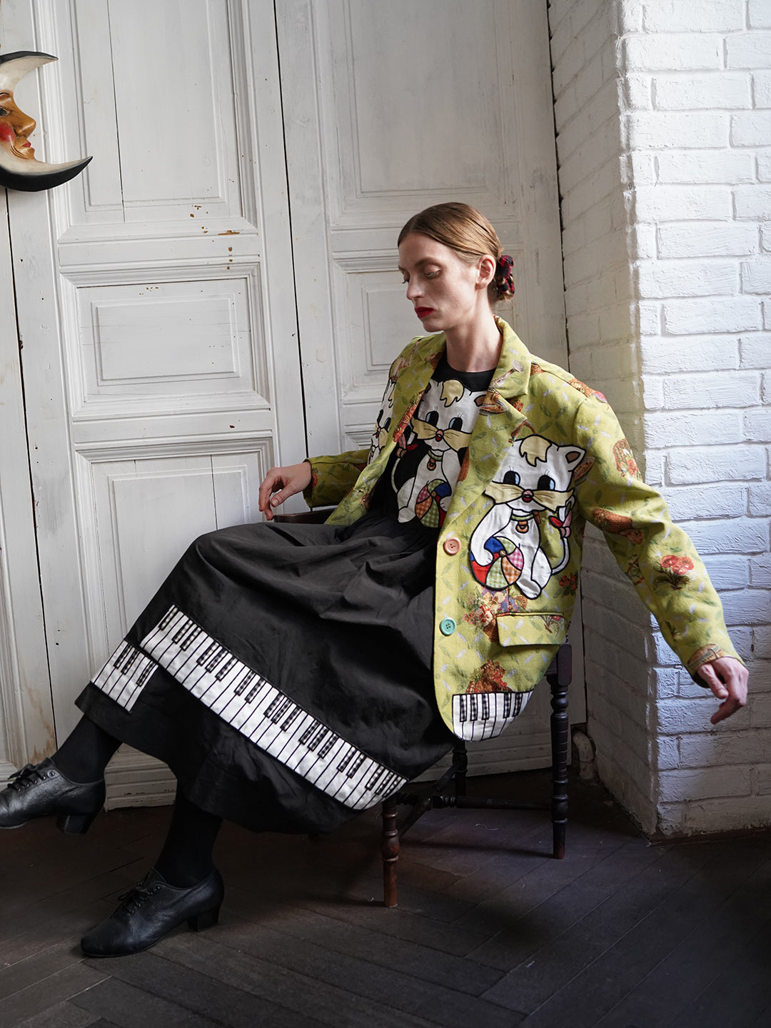 Unlogical Poem Cat Embroidered Illustration Printed Yarn-dyed Blazer