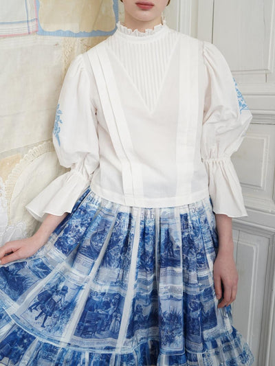 Unlogical Poem Victorian Stand Collar Blouse with Flower Basket Embroidery and Leg-of-Mutton Sleeves
