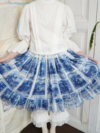 Unlogical Poem Double-Layered Printed Mesh Skirt with Petal Ruffles and Bubble Hem