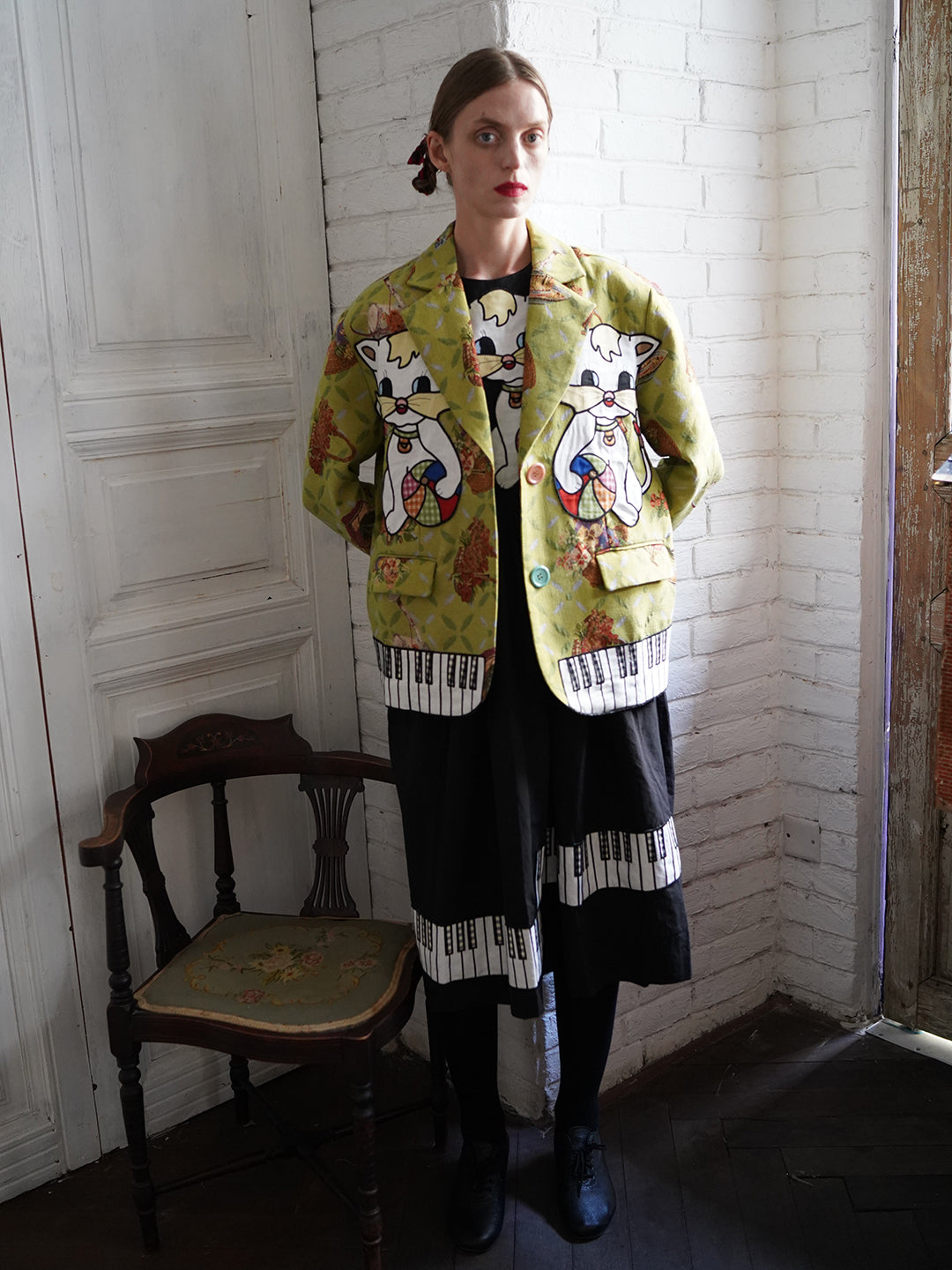 Unlogical Poem Cat Embroidered Illustration Printed Yarn-dyed Blazer