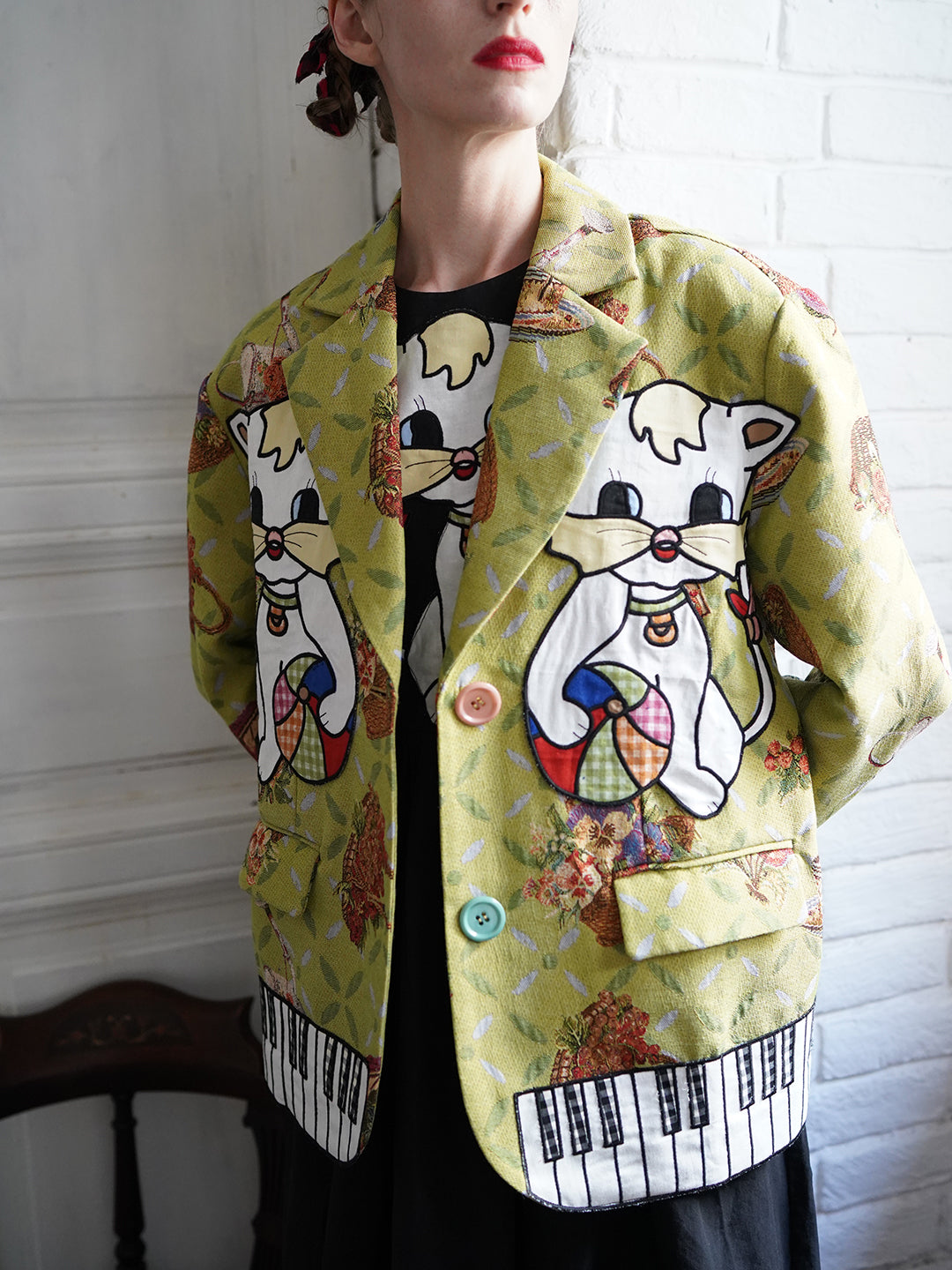 Unlogical Poem Cat Embroidered Illustration Printed Yarn-dyed Blazer