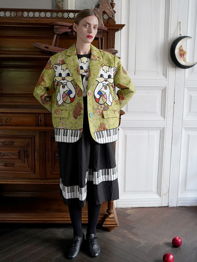 Unlogical Poem Cat and Piano Embroidered Black Hemp Dress