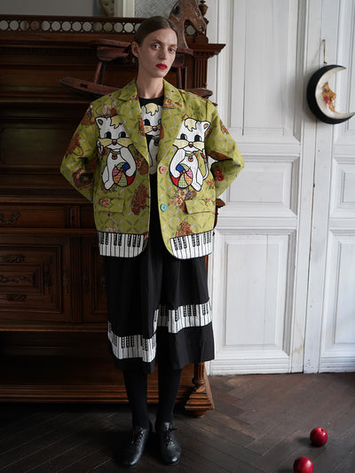 Unlogical Poem Cat Embroidered Illustration Printed Yarn-dyed Blazer