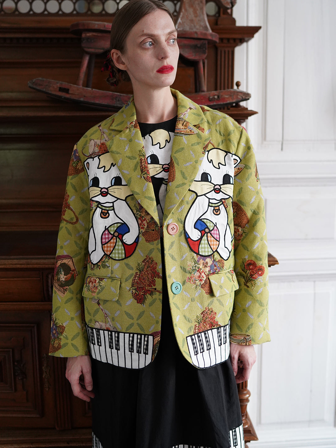 Unlogical Poem Cat Embroidered Illustration Printed Yarn-dyed Blazer