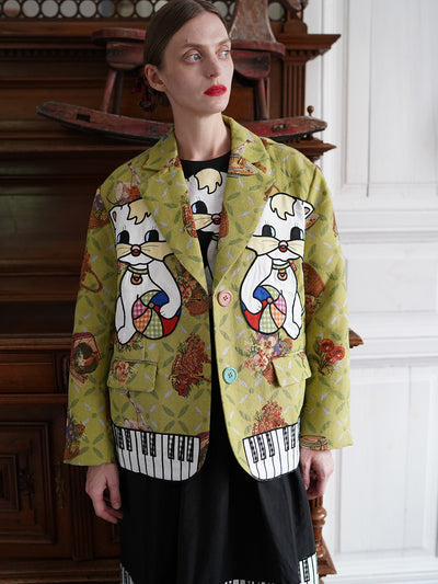 Unlogical Poem Cat Embroidered Illustration Printed Yarn-dyed Blazer