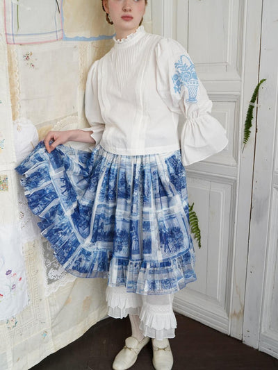 Unlogical Poem Double-Layered Printed Mesh Skirt with Petal Ruffles and Bubble Hem