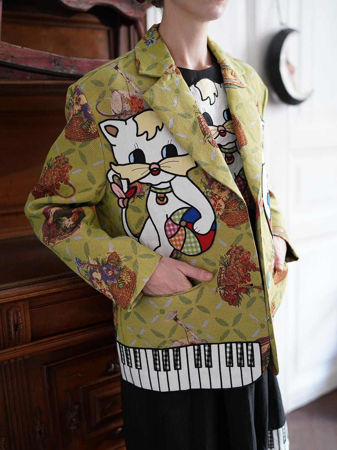 Unlogical Poem Cat Embroidered Illustration Printed Yarn-dyed Blazer
