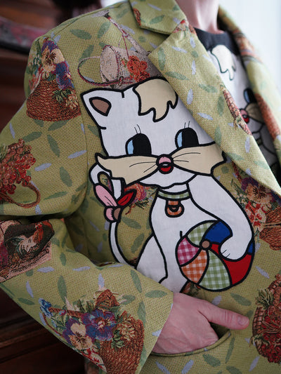 Unlogical Poem Cat Embroidered Illustration Printed Yarn-dyed Blazer