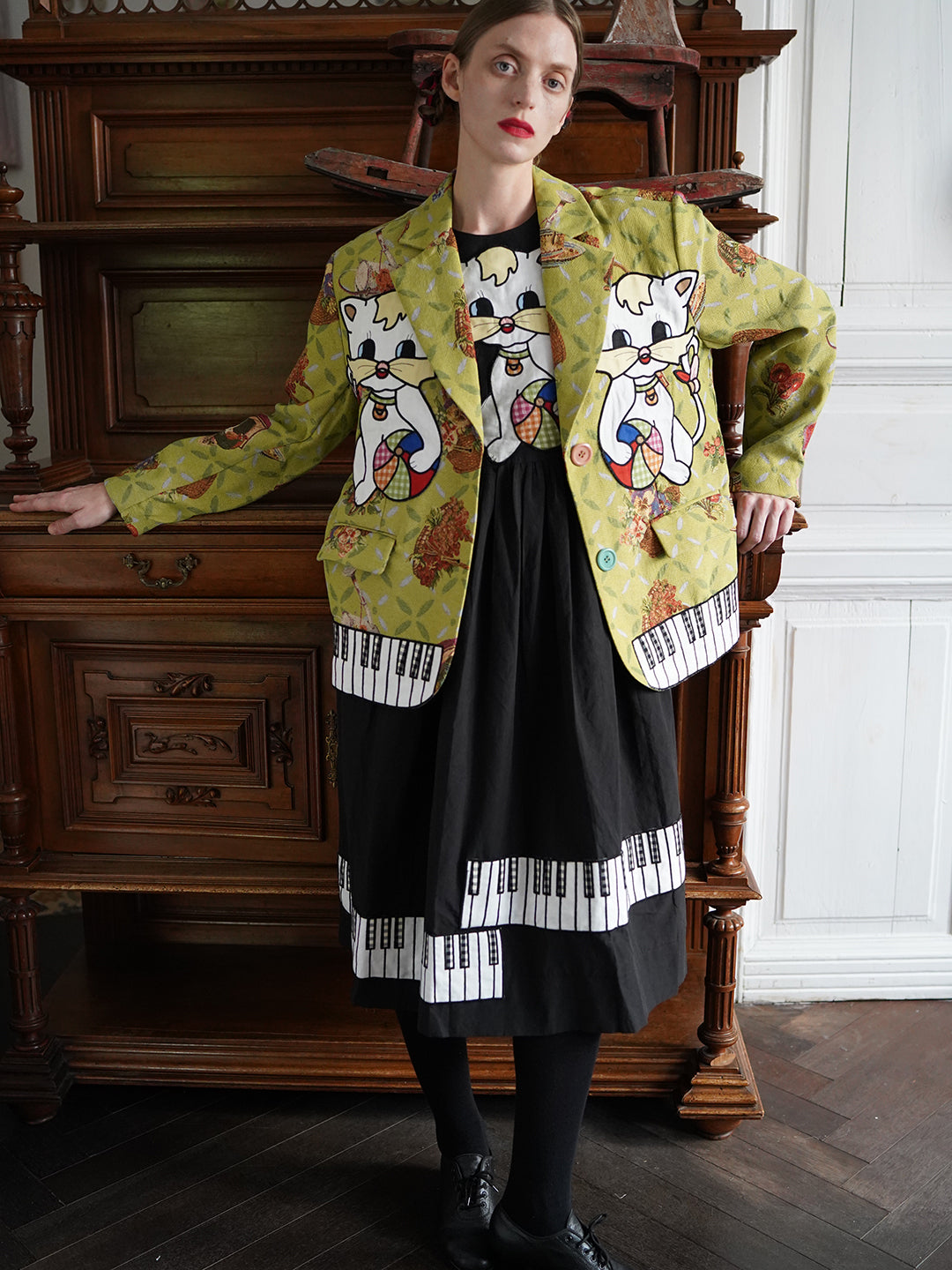 Unlogical Poem Cat Embroidered Illustration Printed Yarn-dyed Blazer