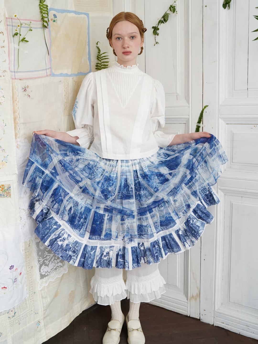 Unlogical Poem Double-Layered Printed Mesh Skirt with Petal Ruffles and Bubble Hem