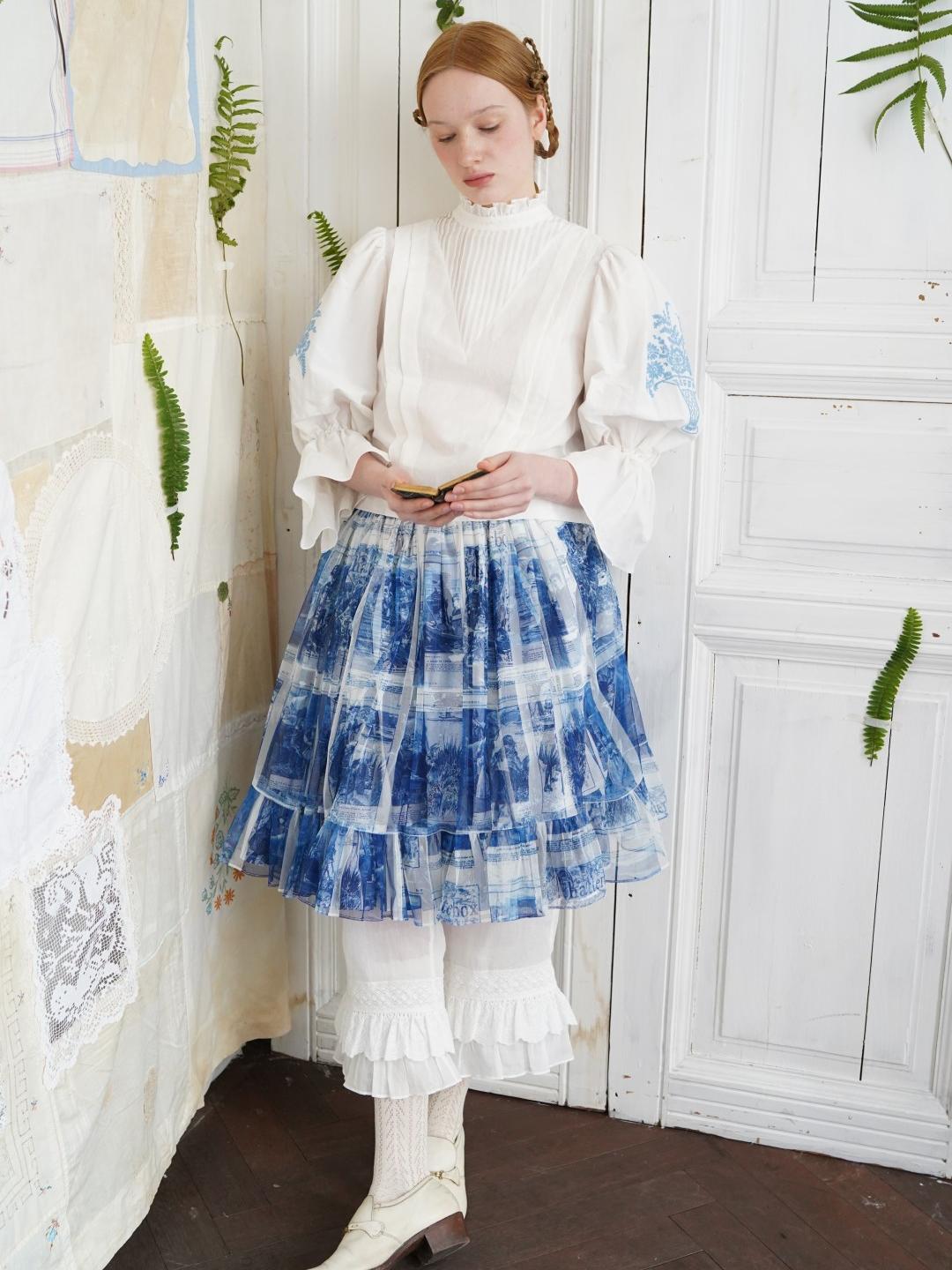 Unlogical Poem Victorian Stand Collar Blouse with Flower Basket Embroidery and Leg-of-Mutton Sleeves