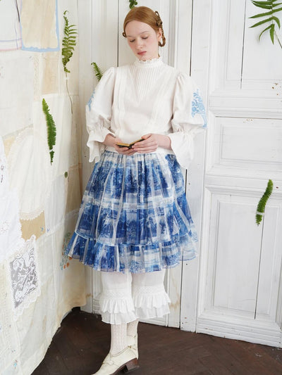 Unlogical Poem Victorian Stand Collar Blouse with Flower Basket Embroidery and Leg-of-Mutton Sleeves