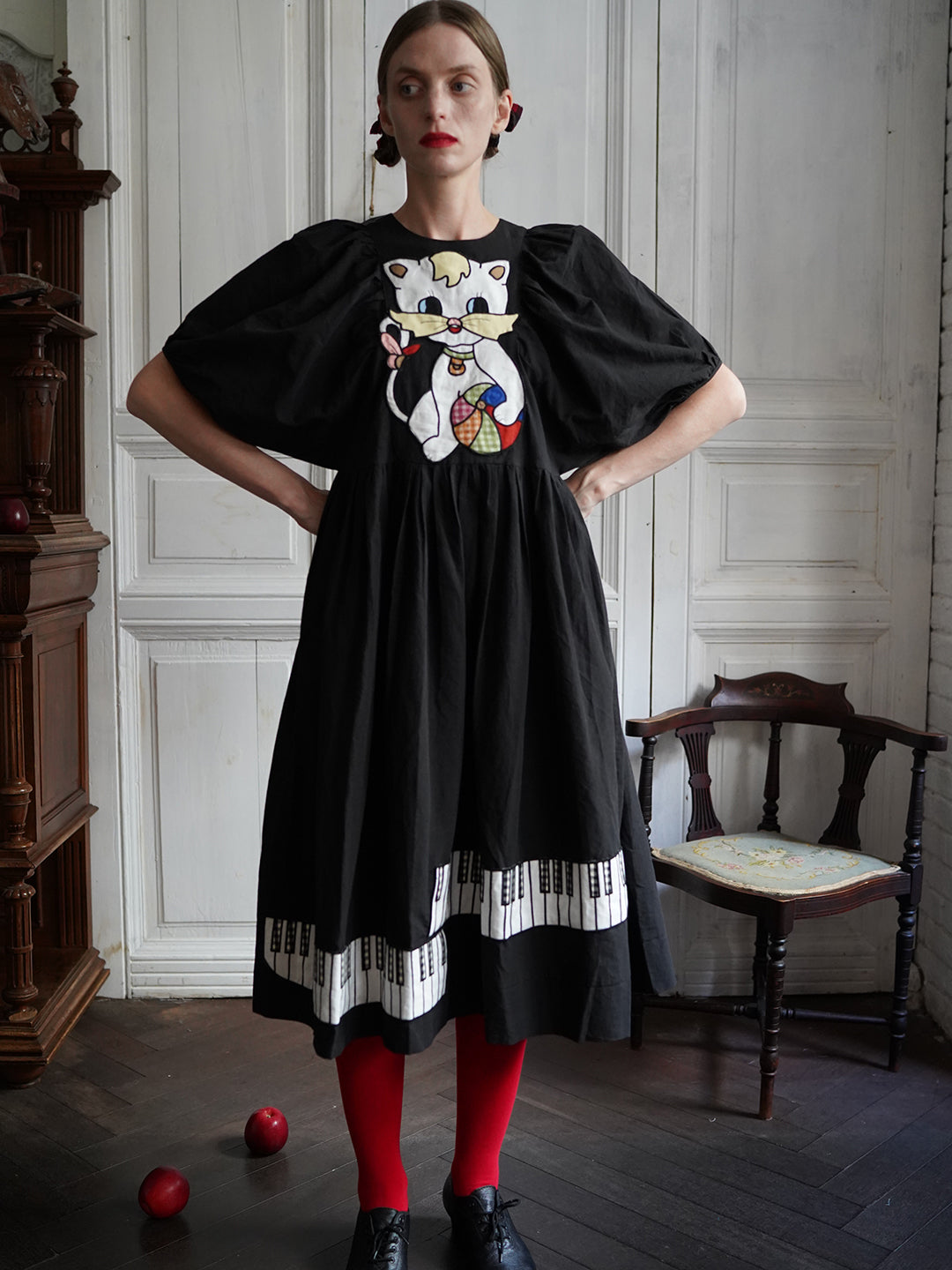 Unlogical Poem Cat and Piano Embroidered Black Hemp Dress