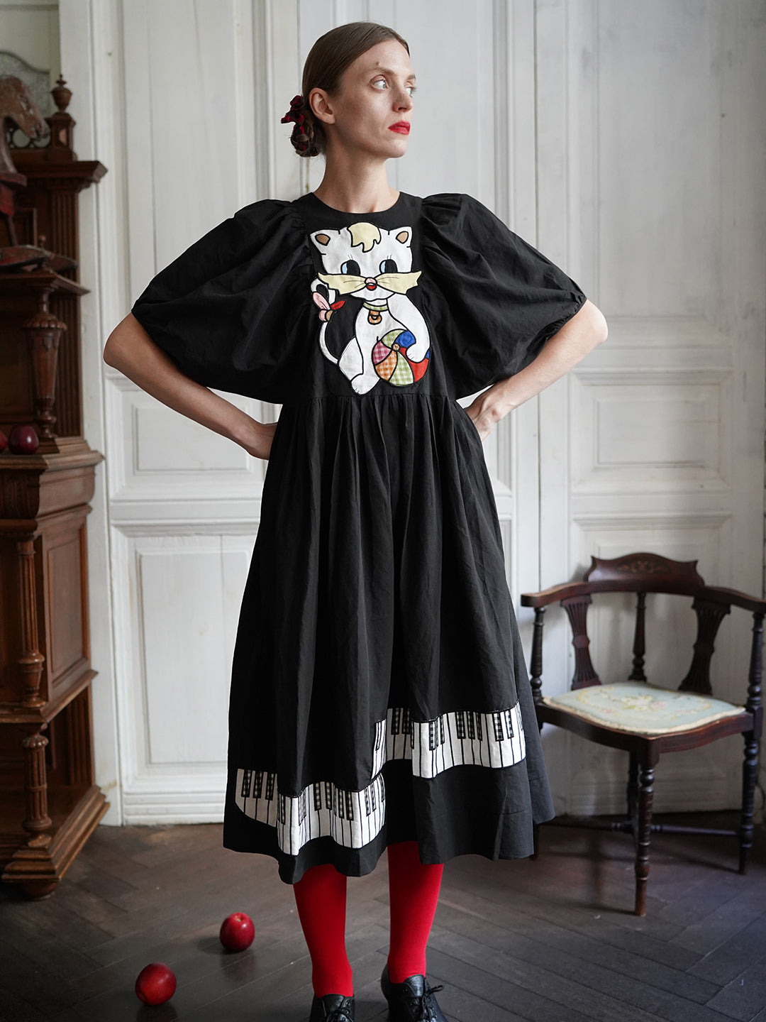 Unlogical Poem Cat and Piano Embroidered Black Hemp Dress